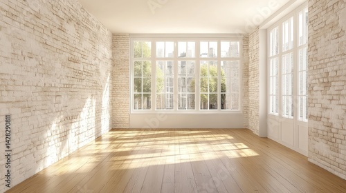 Bright, empty room with large windows and wooden flooring, ideal for interior design.