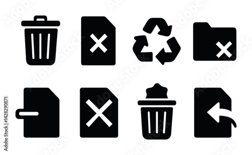 File management and recycling icons set - filled style for digital organization: delete, recycle, file, folder, trash bin, remove, document, restore.