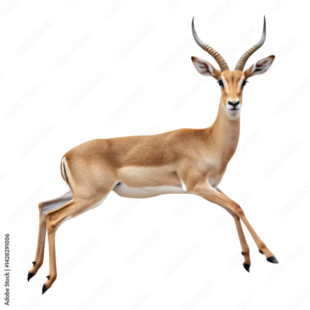 Fototapeta premium A graceful gazelle leaping elegantly, showcasing its slender physique and distinctive curved horns.