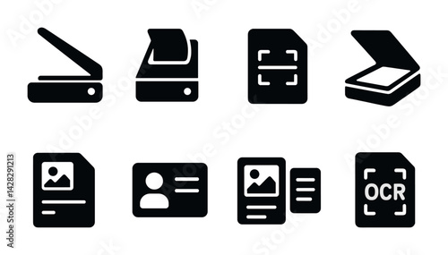 Document management solid icons set – silhouette style for scanning, archiving, and organizing: scanner, printer, document, id card, ocr, photo, files.