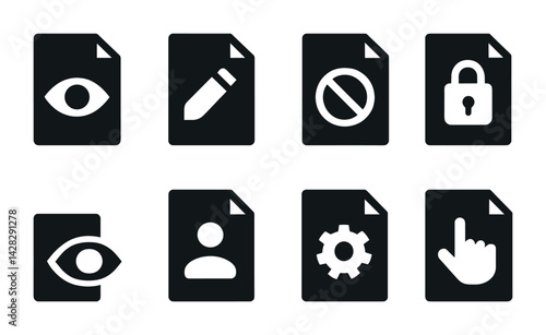 Document management silhouette icon set – solid style for file security and editing: view, edit, restrict, lock, profile, settings, privacy, access.