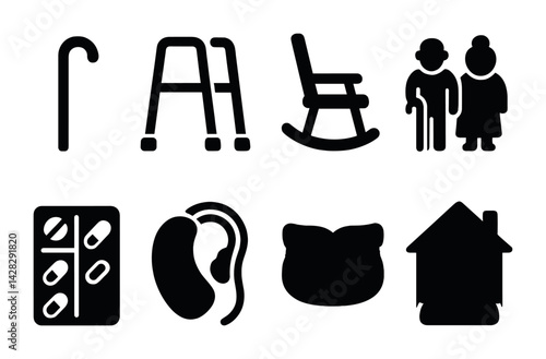 Senior care solid icon set – silhouette style icons for elderly assistance and healthcare: cane, walker, rocking chair, elder couple, pills, hearing aid, cushion, house