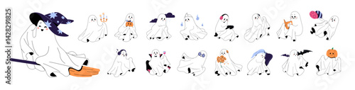 Baby ghosts set. Cute spooks are happy and sad, have fun. Helloween spirits with pumpkin, bat, broom. Scary shadows, spooky characters of Halloween party. Flat isolated vector illustrations on white