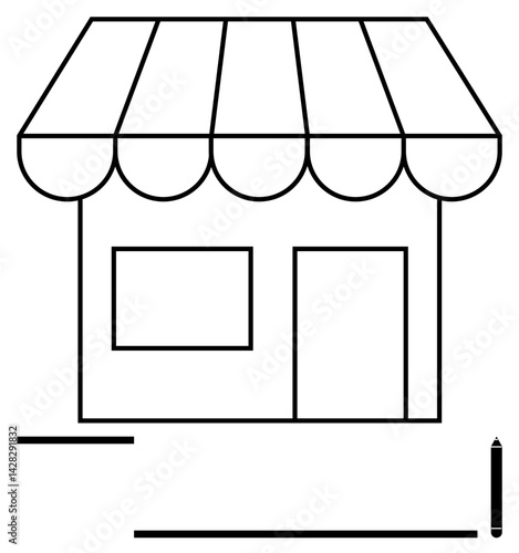 Minimalist shop with striped awning, window, door, blank signboard, and pencil nearby. Ideal for retail, branding, local business entrepreneurship customization small business marketing. Flat