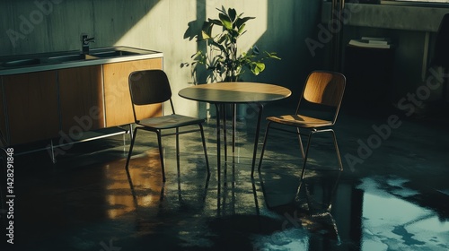 A minimalist interior featuring a table and two chairs with natural light and reflections.