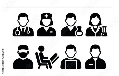Healthcare professions icon set – solid style medical, nursing, and science symbols for health tech: doctor, nurse, chemist, scientist, surgeon, patient, therapist.