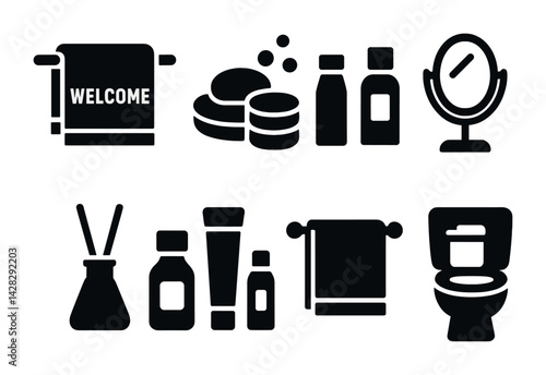 Bathroom essentials solid icons set – filled style self-care, hygiene, and spa symbols for home decor and routine: towel, soap, shampoo, mirror, diffuser, lotion, toilet.