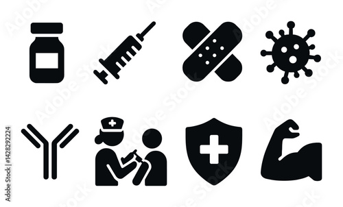 Healthcare and vaccination solid icon set – silhouette style medical, wellness, and virus symbols for health education: vaccine vial, syringe, bandage, virus, antibody, nurse, shield, muscle.