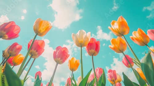 A vibrant field of tulips under a bright blue sky with fluffy clouds.