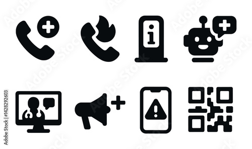 Emergency communication icons set – solid style rescue, alert, and help symbols for crisis management: phone call, emergency hotline, info kiosk, chatbot, monitor alert, qr code.