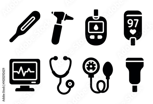 Medical equipment icons set – solid style healthcare and hospital tools for professionals: thermometer, otoscope, glucometer, stethoscope, heart monitor, blood pressure cuff