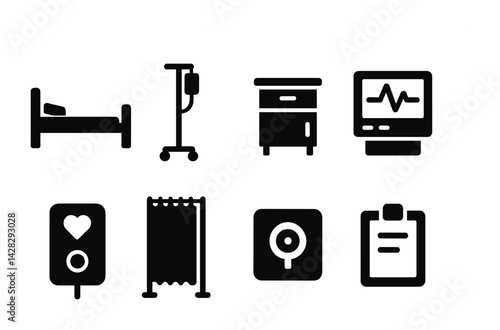 Healthcare and medical solid icons set – silhouette style health, wellness, and hospital symbols for clinic design: hospital bed, iv drip, medical monitor, heart rate, clipboard, privacy screen,