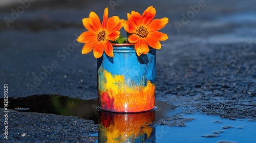 A colorful can with vibrant flowers placed on a wet surface, showcasing nature's beauty.