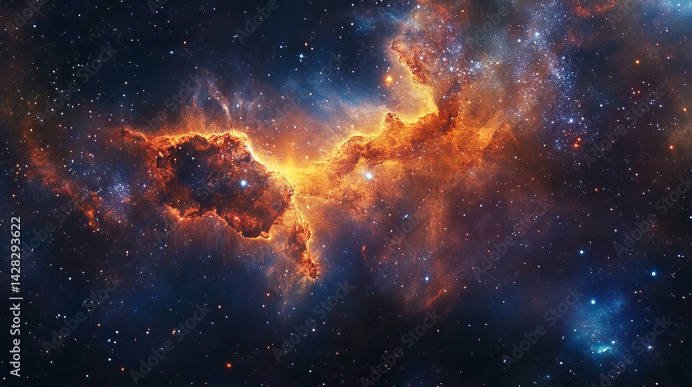 Fiery nebula cosmic cloudscape with brilliant stars and glowing orange hues in deep space sky awe Fiery nebula cosmic cloudscape with brilliant stars and glowing orange hues in deep space sky awe