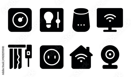 Smart home technology icon set – solid style automation, connectivity, and security symbols for digital convenience: thermostat, light bulb, speaker, smart tv, curtain, outlet, hub, camera.