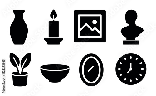 Home decor silhouette icons set – solid style for interior design and furnishing inspiration: vase, candle, picture frame, sculpture, plant, bowl, mirror, clock.