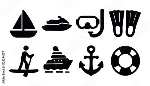 Water sports and boating silhouette icon set – solid style marine, aquatic activities, and nautical symbols for adventure: sailboat, jet ski, snorkel, flippers, paddleboard, cruise ship, anchor,