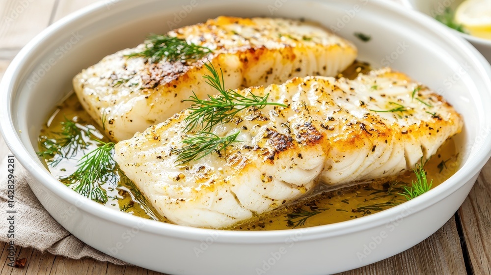 A deliciously cooked fish fillet garnished with herbs, served in a white dish, showcasing a golden crust and juicy texture. A deliciously cooked fish fillet garnished with herbs, served in a white dish, showcasing a golden crust and juicy texture.