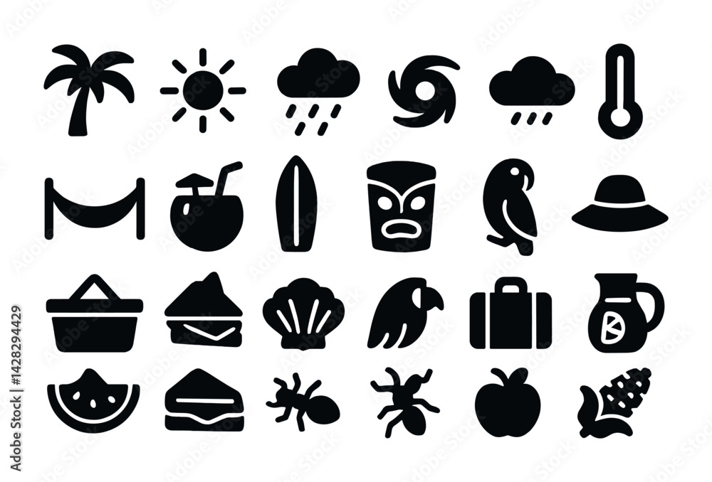 Fototapeta premium Tropical vacation silhouette icons set – solid style beach, sun, and relaxation symbols for travel planning: sun, palm tree, surfboard, cocktail, luggage, parrot, seashell.