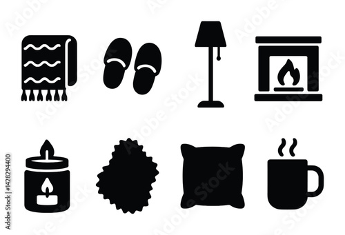 Cozy home essentials icon set – solid style comfort, warmth, and relaxation symbols for home decor: blanket, slippers, lamp, fireplace, candle, rug, pillow, mug.