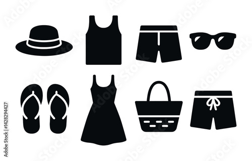 Summer beach icon set – solid style sun, vacation, and leisure symbols for holiday graphics: hat, sandals, sunglasses, dress, shorts, tote bag.