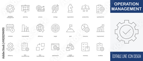 A modern and clean vector icon set illustrating key concepts of operations management. Includes icons for planning, workflow, quality control, supply chain, scheduling, optimization, and productivity.