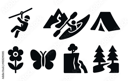 Outdoor adventure silhouette icons set – solid style camping, hiking, and nature symbols for exploration: zipline, kayak, tent, flower, butterfly, cliff, forest, trail.