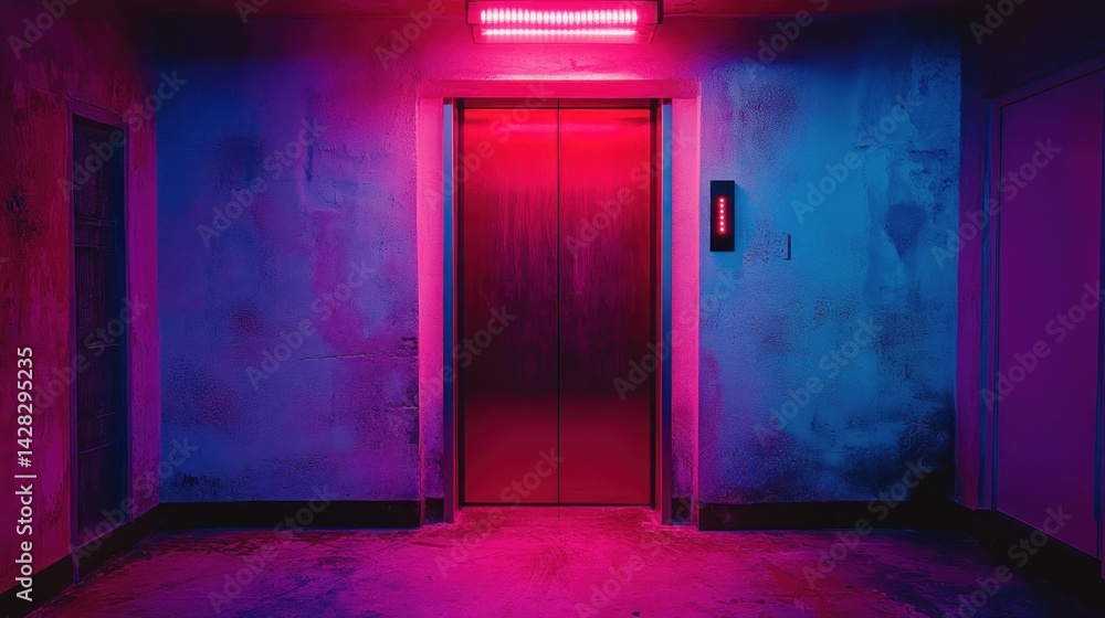 Obraz premium Neon-lit elevator in a dimly-lit corridor.
