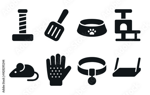 Pet care solid icons set – flat style essential animal, grooming, and accessories symbols for pet owners: scratching post, litter scoop, food bowl, cat tree, toy mouse, grooming glove, collar, pet