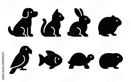 Pet animals silhouette icon set – solid style symbols for pets, animals, and wildlife: dog, cat, rabbit, hamster, parrot, fish, turtle, guinea pig.