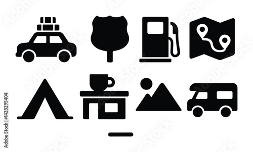 Road trip and camping icon set - solid style travel, adventure, and navigation symbols: car, tent, map, coffee, gas station, mountain, rv, road sign.
