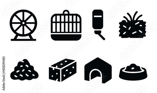 Pet care silhouette icons set – filled style for animal supplies and shelter essentials: exercise wheel, cage, water bottle, bedding, food, burrow, feeding dish, chew block.