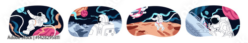 Set of astronauts in outer space. Spacemen travel in cosmos, landing on planets. Cosmonauts in spacesuit, helmet explore universe with spaceship. Flat isolated vector illustrations on white background