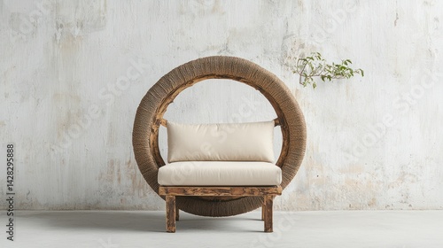 Round wooden chair, cream cushion