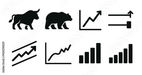 Stock market linear icon set – outline style finance, trading, and investment symbols: bull, bear, graph, trendline, bar chart, arrow indicator, stock exchange.