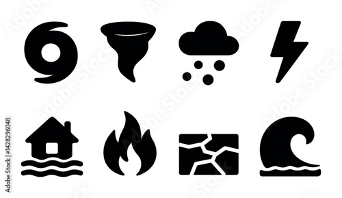 Natural disaster silhouette icon set – solid style emergency, climate, and safety symbols for preparedness: hurricane, tornado, rain, lightning, flood, fire, earthquake, tsunami.