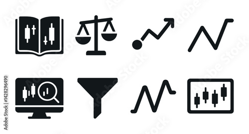 Stock market solid icons set – filled style finance, investment, and trading symbols: candlestick chart, balance scale, trend line, monitor, funnel, analysis, growth.