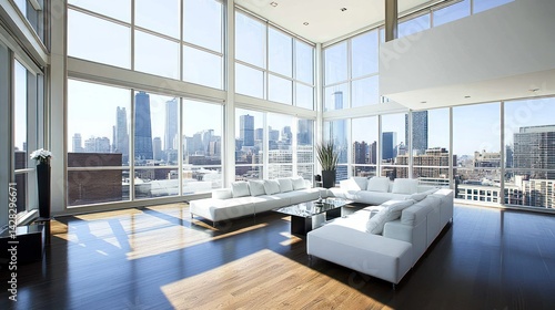 Modern living room with large windows showcasing a city skyline.