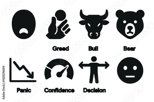 Stock market sentiment icon set - solid style bear and bull icons for financial analysis: bear, bull, panic, greed, decision, confidence, arrow, chart.
