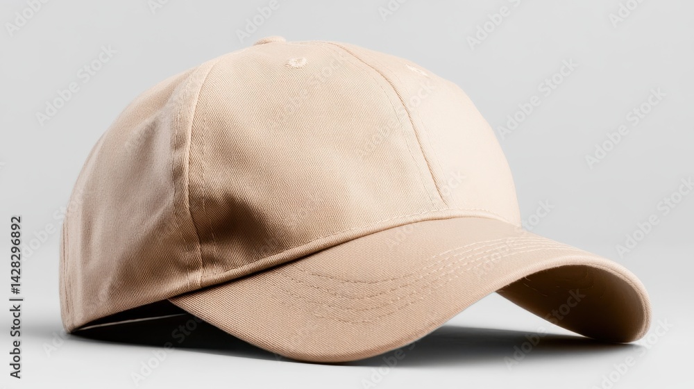 A simple beige baseball cap sits at an angle on a light gray backdrop, highlighting its clean lines and minimalistic design that appeals to casual fashion enthusiasts. A simple beige baseball cap sits at an angle on a light gray backdrop, highlighting its clean lines and minimalistic design that appeals to casual fashion enthusiasts.