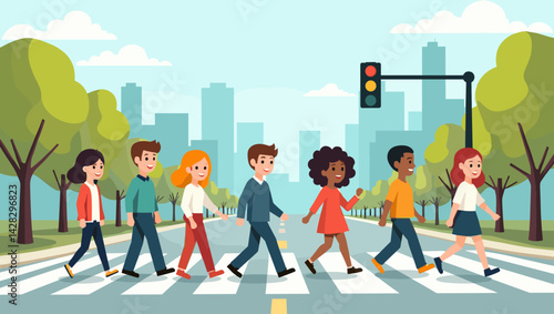 Vector illustration of diverse people crossing a pedestrian crosswalk in a city with trees, buildings, and traffic lights, sunny day scene