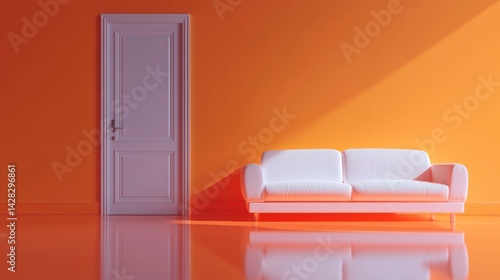 A minimalist interior featuring a white sofa against an orange wall and a door.