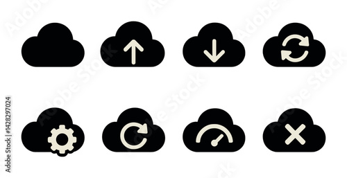 Cloud computing silhouette icons set – solid style data storage, network, and sync symbols for digital solutions: upload, download, sync, settings, update, speed, close.