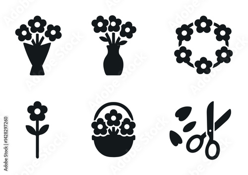 Floral gardening solid icons set – silhouette style for nature, botany, horticulture: bouquet, vase, wreath, flower, basket, petals, shears