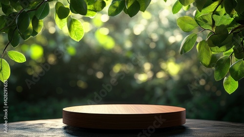 A wooden display platform surrounded by lush green foliage, ideal for showcasing items.