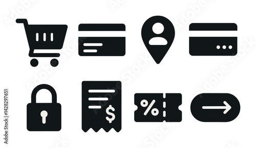 E-commerce and shopping silhouette icons set – solid style online store, retail, and purchasing symbols for digital commerce: cart, credit card, location pin, receipt, coupon, lock, arrow.