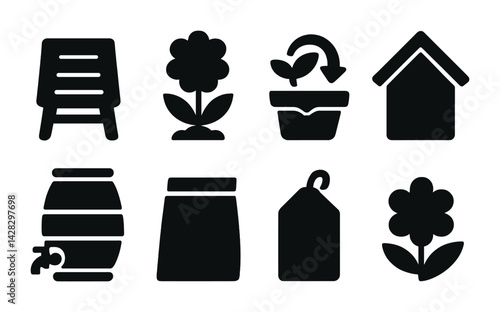 Sustainable gardening filled icons set – solid style eco-friendly, plant care, and home garden tools for indoor planting: compost bin, flower, seedling, garden shed, rain barrel, fertilizer bag,