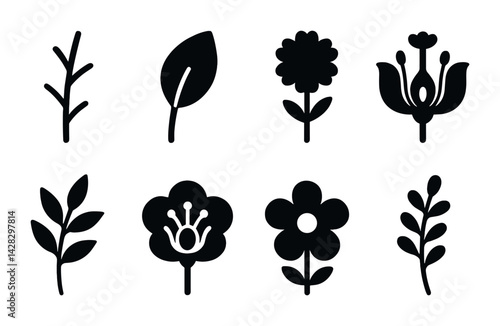 Botanical silhouette icon set - filled style plant, floral, and nature symbols for eco-friendly design: leaf, flower, branch, stem, blossom, greenery, petals, bud.