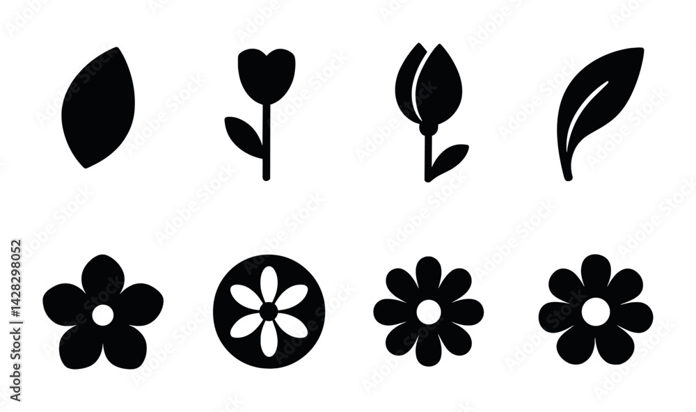 Fototapeta premium Nature and floral silhouette icon set – solid style garden, plant, and botanical symbols for eco design: leaf, tulip, bud, petal, blossom, foliage, bloom, flora.