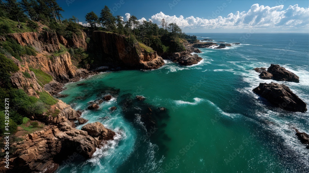 Fototapeta premium Coastal cliffs meet turquoise ocean waters.
